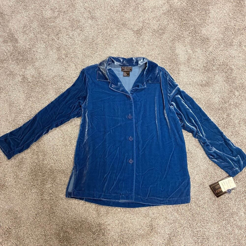NWT Vintage Carol Anderson Collection Velvet Blouse Size Large Blue Button Down
